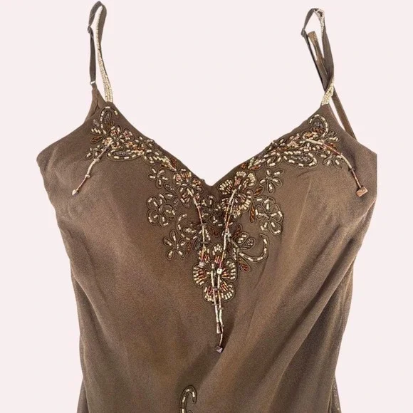 y2k vintage insane Sue Wong brown/olive mossy green brown beaded silk dress 2 - Picture 3 of 7